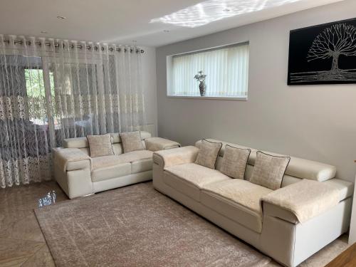 a living room with two couches and a window at Spacious 3-Bedroom Family Home in Oxford in Oxford