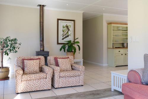 a living room with two chairs and a plant at High Season Farm Luxury Cottages in Hermanus