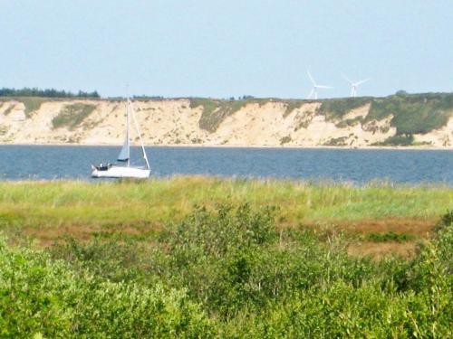 a sail boat on the water with windmills in the background at 6 person holiday home in Højslev-By Traum in Bøstrup