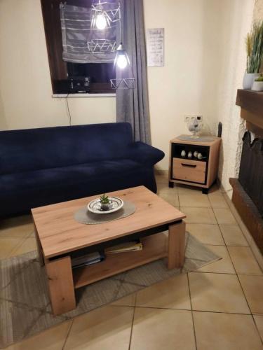 a living room with a blue couch and a coffee table at Haus Waldfrieden EG in Thalfang