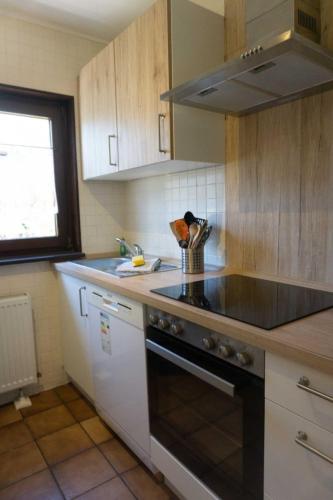 a kitchen with a sink and a stove top oven at Haus Sonnenblick in Thalfang
