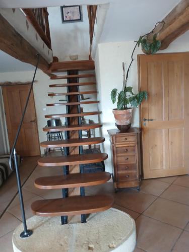 a spiral wooden staircase in a room with a plant at chambres d'hôtes de la colline in Chenay-le-Châtel