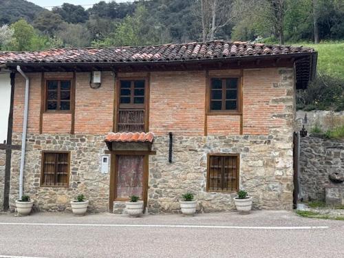 an old stone house with potted plants in front of it at La Casuca de la Brevera in Pesaguero-La Parte