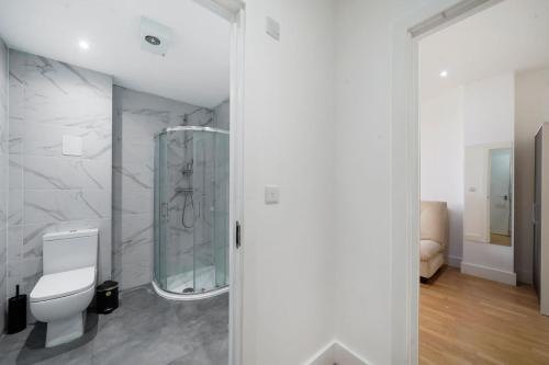 a white bathroom with a shower and a toilet at Lovely Private Large Studio with Parking in Borehamwood
