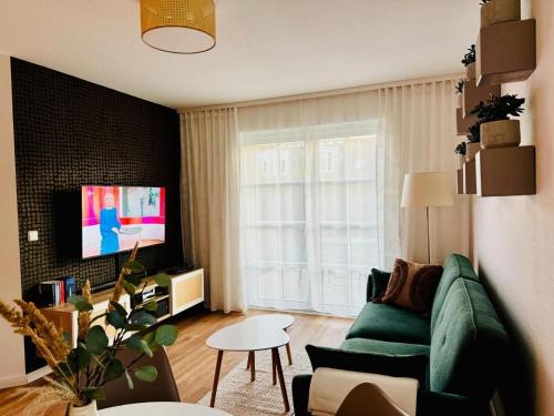 a living room with a green couch and a tv at Ferienwohnung "Zur Amsel" in Burkhardtsdorf