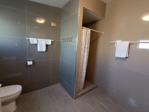 a bathroom with a shower and a toilet and towels at Bayfield Motel and Apartment in Dunedin