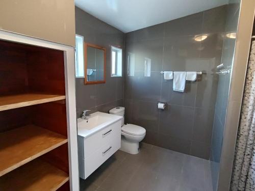 a bathroom with a toilet and a sink and a shower at Bayfield Motel and Apartment in Dunedin