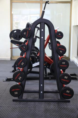 a gym with a rack with dumbbells on it at My Dream Apartment in Addis Ababa