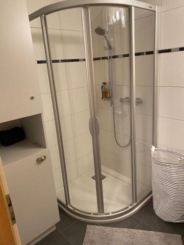 a shower with a glass door in a bathroom at Appartement confortable avec terrasse in Zweisimmen