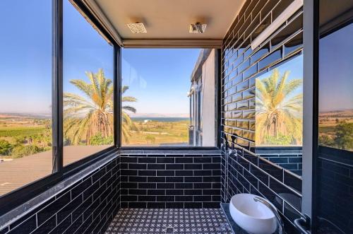 a bathroom with a view of a palm tree at לה כינרה - ווילה מדהימה עם בריכה פרטית ונוף לכנרת במגדל in Migdal