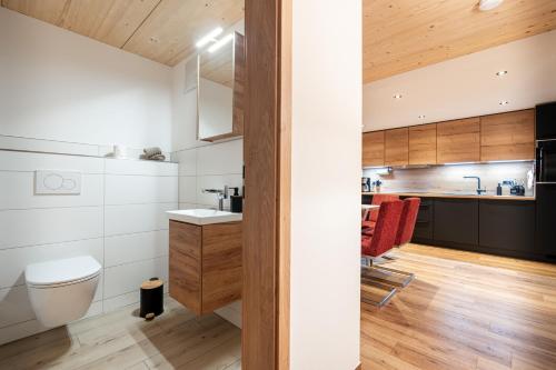 a bathroom with a sink and a toilet in a room at Chalet Hirschbach in Bad Hindelang
