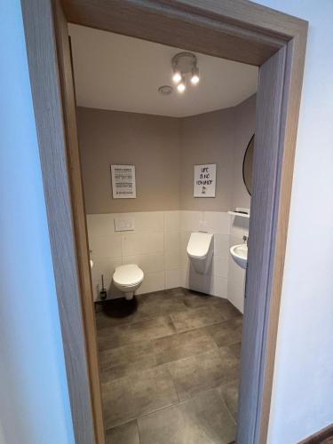 a bathroom with a toilet and a sink at bella casa Allgäu Apartment 5 in Bad Wörishofen