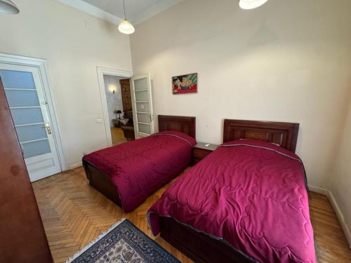 two beds in a room with purple sheets at Zamalek Garden villa-at the Nile in Cairo