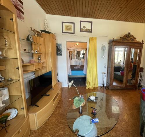 a living room with a glass table and a tv at Ferienwohnung Altes Rathaus Bergalingen in Rickenbach