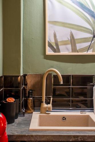 a kitchen sink with a faucet in a kitchen at Olive Central in Craiova