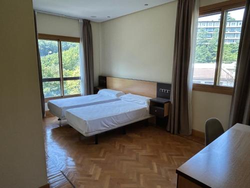エイバルにあるHotel Eibarのベッドが2つと窓が2つあるホテルの部屋