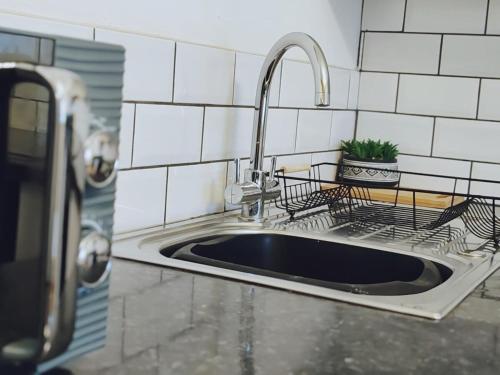 a kitchen sink with a faucet and a plant at Chic 2 Bed Flat-Free Parking in Bournemouth Town Centre in Bournemouth