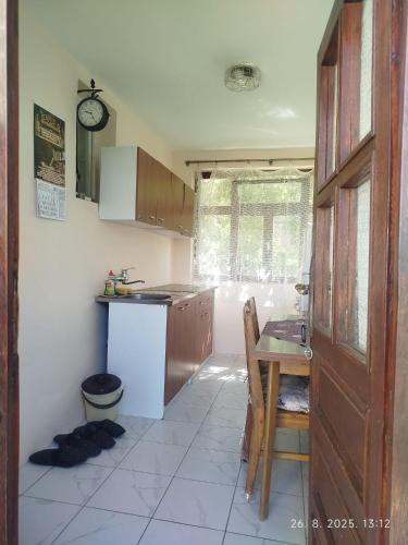 a kitchen with a table and a sink and a counter at Sobe Jacević in Donji Milanovac