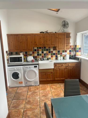 a kitchen with a washing machine and a microwave at The Greenfield Inn Guest House in Llanelli