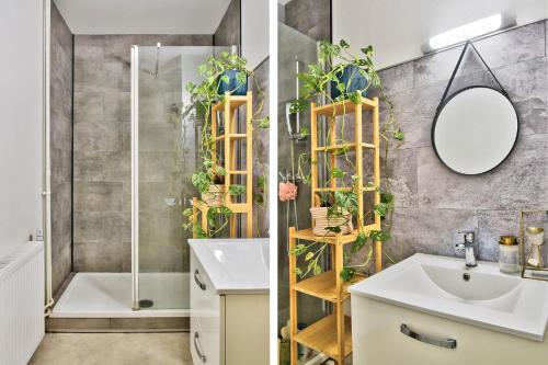 two pictures of a bathroom with plants on the wall at Fifa-lodge & breakfast in Lyon