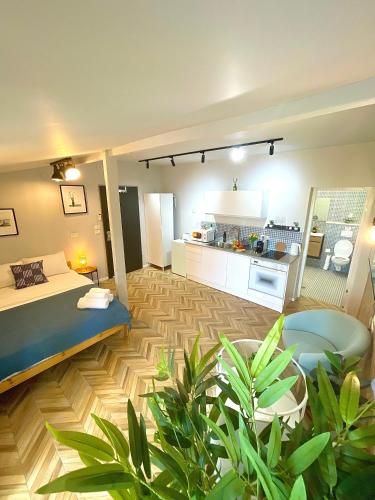 a large room with a bed and a kitchen at Authentic apartments with jacuzzi and Two-level central Haifa in Haifa