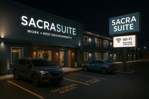 un coche aparcado en un aparcamiento frente a un hotel en SacraPod Suites College Inn, en Spartanburg
