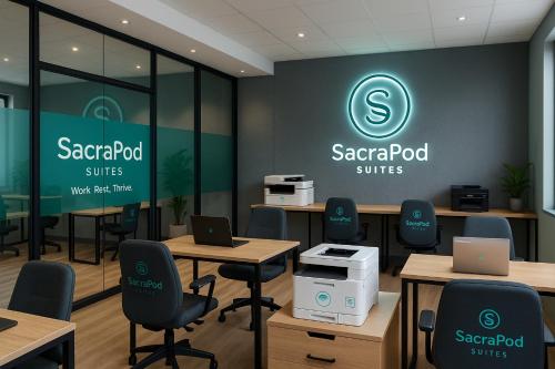 Una sala de conferencias con mesas y sillas y un cartel de sinergia. en SacraPod Suites College Inn, en Spartanburg