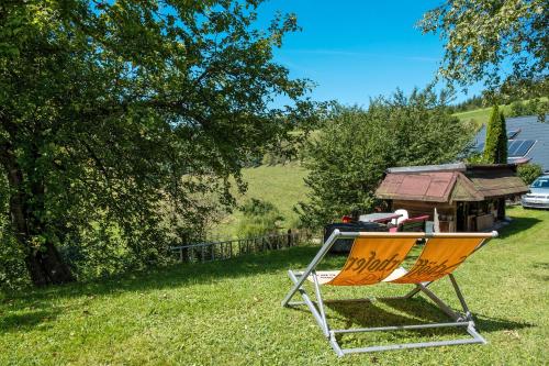 a chair sitting in the grass in a yard at Grundhäusle Gütenbach in Gütenbach