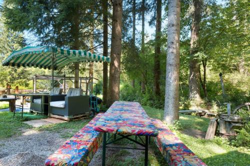a picnic table with an umbrella and a chair at Grundhäusle Gütenbach in Gütenbach