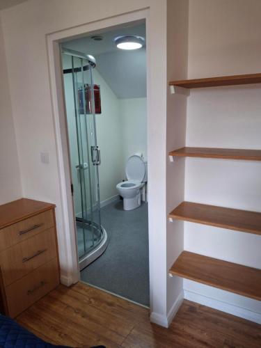 ein Badezimmer mit Toilette und Glasdusche in der Unterkunft Outskirts of Coleraine in Coleraine