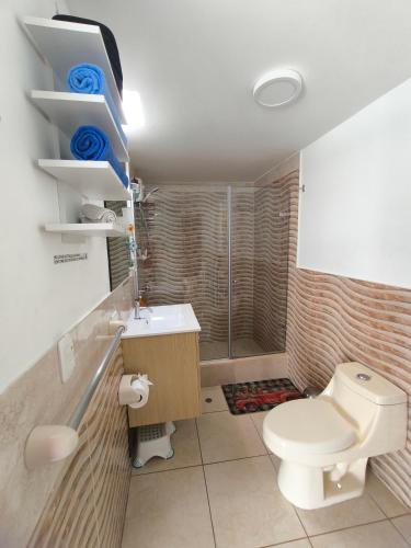 a bathroom with a toilet and a shower at Lindo chalet en PUCUSANA in Pucusana