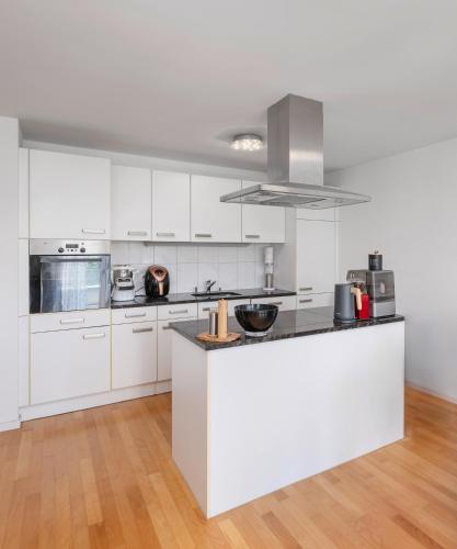 a kitchen with white cabinets and a counter top at City Apartment in Opfikon
