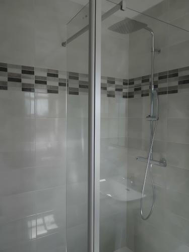 a shower with a glass door in a bathroom at La Mansardière in Cancale