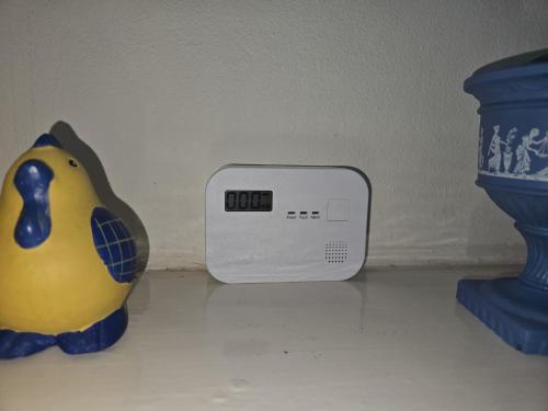 a alarm clock and a toy bird next to a clock at Sharon's Studio Blue in Maastricht