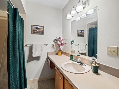 a bathroom with a sink and a green shower curtain at Historical District,Fully equipped,3 Beds,Sleeps 6 in Bedford