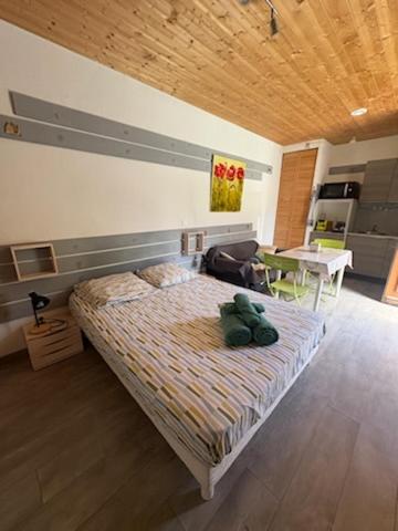 une chambre avec un lit sur lequel se trouve un ours en peluche dans l'établissement Studio RIGA, à Ax-les-Thermes