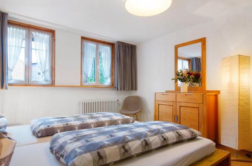 a bedroom with two beds and a dresser and a mirror at Pension Ferienwohnung Baarblick in Donaueschingen