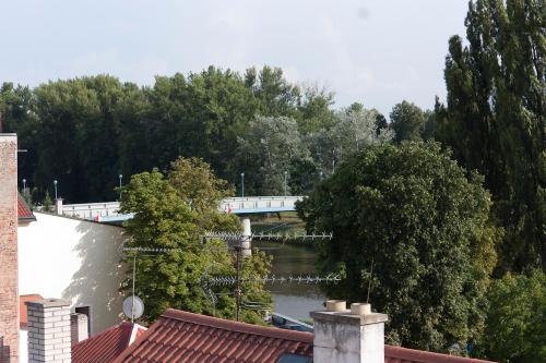 a bridge over a river with trees in the background at Penzion Apartmány Resident in Poděbrady