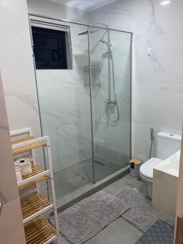 une salle de bain avec une douche en verre et des toilettes dans l'établissement ChristMindLimitedCompany, à Accra