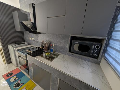 a kitchen with a counter with a microwave on it at Abby and Gayle Rental Apartments in Apenkwa