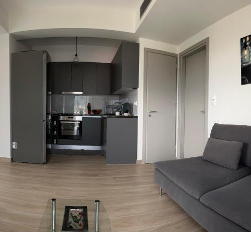 a living room with a couch and a kitchen at Comfy Vista Apartment in Kalamata