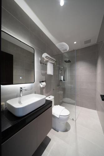a bathroom with a sink and a toilet at Sam Hotel & Apartment Da Nang in Da Nang