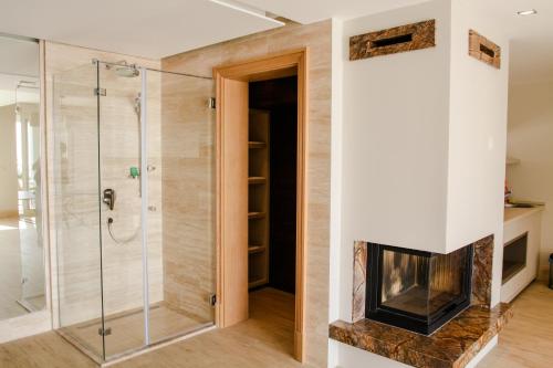 a glass shower in a bathroom with a fireplace at Villa Hedonism in Sveti Stefan