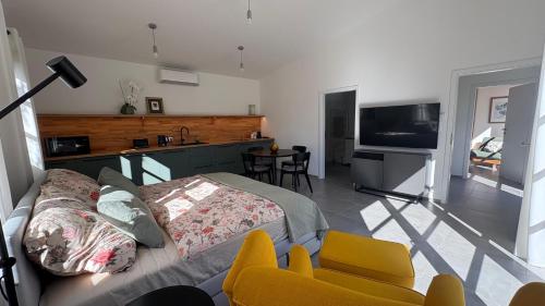 une chambre avec un lit et une cuisine avec une télévision dans l'établissement Home apartment Konopiště, 