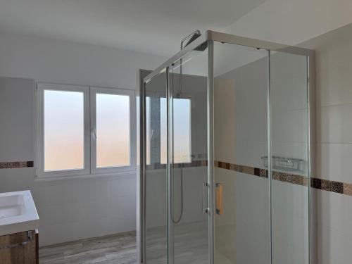 een glazen douche in een badkamer met 2 ramen bij Apartamento con huerta in San Mamede de Carnota