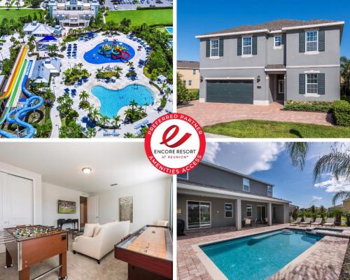 a collage of photos with a house and a pool at Splendid Home With Private Pool, Loft Area, Waterpark & Resort Access Near Disney At Encore Resort - 7619Br in Kissimmee