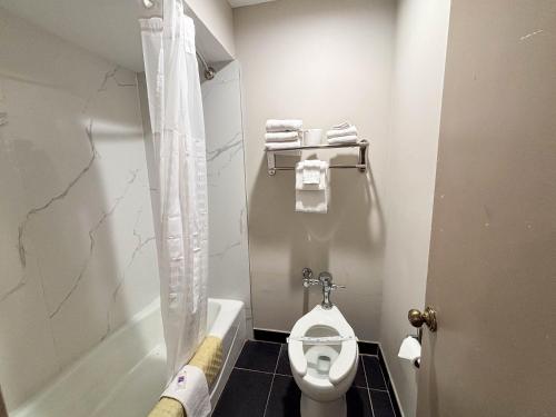 a bathroom with a toilet and a shower and a tub at Studio 6 Suites Mesquite, TX – Gross Rd. in Mesquite