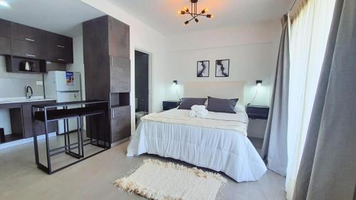 Un dormitorio con una cama y un escritorio. en G & A Rent Ezeiza, en Ezeiza