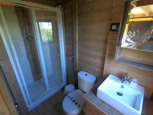 ein Badezimmer mit Dusche, Waschbecken und Toilette in der Unterkunft Vallicella Glamping Resort in Scarlino
