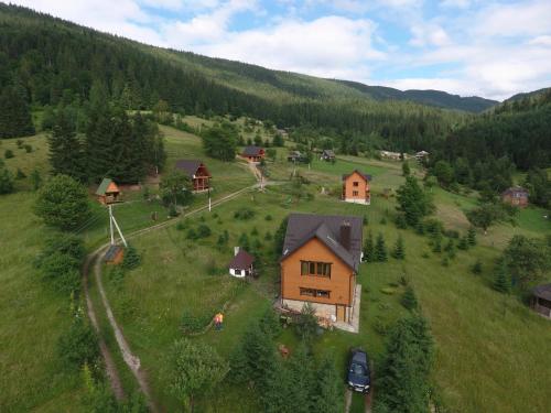 an aerial view of a house in a green field at Kozichky Guest House in Tatariv